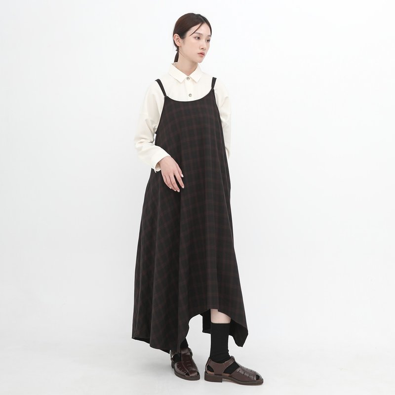 【Classic Original】Arouse_Call Me Spaghetti Strap Dress_CLD520_Brown Plaid - ชุดเดรส - เส้นใยสังเคราะห์ สีนำ้ตาล