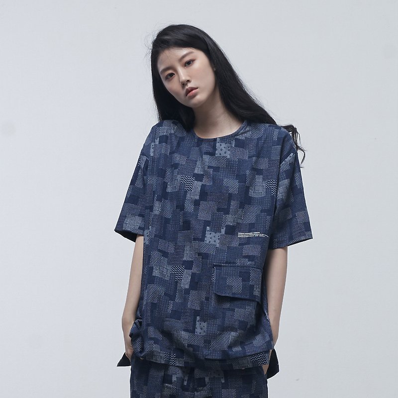 DYCTEAM - Grid Pattern Pocket Fifth Sleeve T-shirt - 男 T 恤 - 棉．麻 藍色