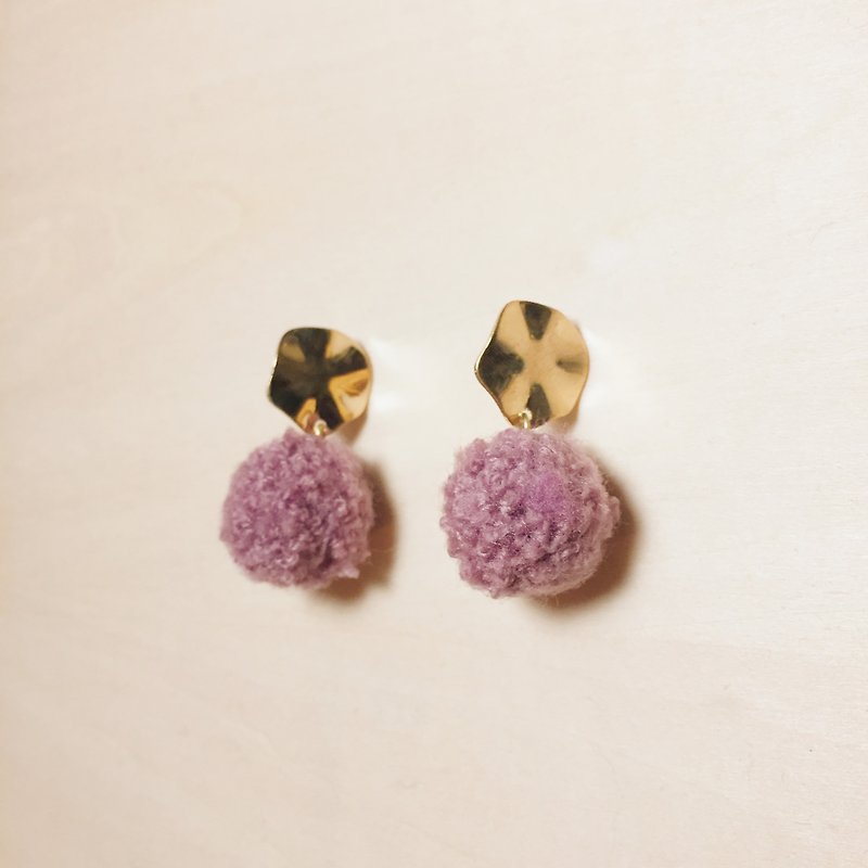 Vintage lotus leaf lotus root purple hairy ball earrings - Earrings & Clip-ons - Other Man-Made Fibers Purple