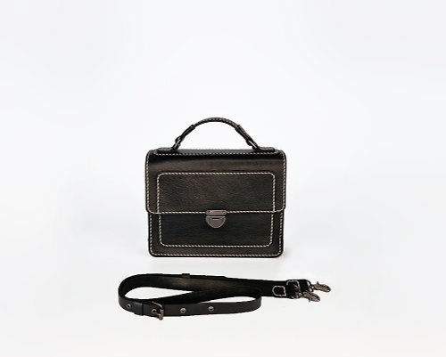 LU11NA Leather Shoulder Top Handle Bag, Minimalist Black Handbag, Handmade Gift