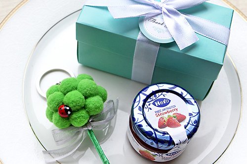 幸福朵朵 婚禮小物 花束禮物 Double Love Tiffany盒 藍蓋hero果醬+花椰菜鑰匙圈 小禮盒
