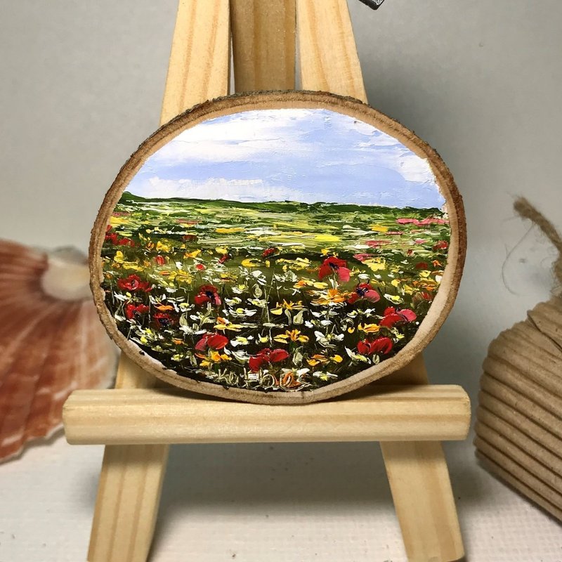 Meadow Daisy flower wood painting original wildflowers original small painting - 玩偶/公仔 - 木頭 紅色