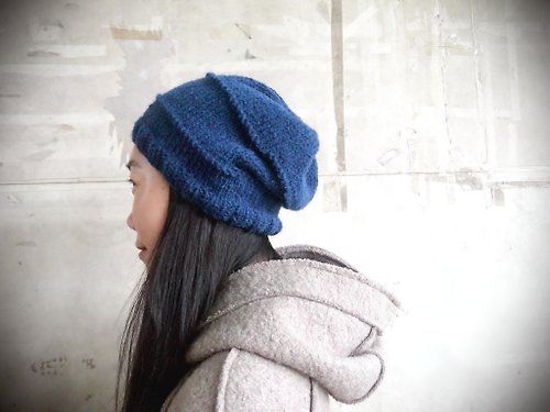 Amiju星球 手作編織毛帽~深藍極簡帽(男女皆可)