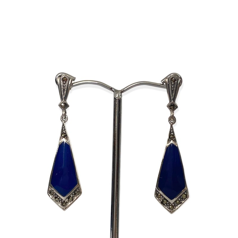 Art Deco Style Triangle Drop Earrings / Set Lapis Lazuli 925 Sterling Silver - 耳環/耳夾/耳骨夾 - 純銀 藍色
