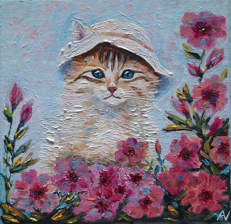 Cat original oil painting, kiten in hat wall art, mini impasto handmade gift - ตกแต่งผนัง - วัสดุอีโค หลากหลายสี