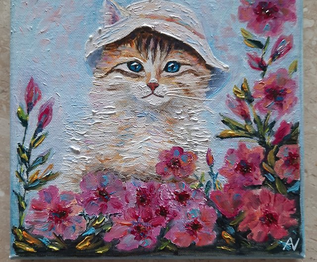 猫のオリジナル油絵、帽子をかぶった猫の壁アート、ミニ厚塗りの手作り 