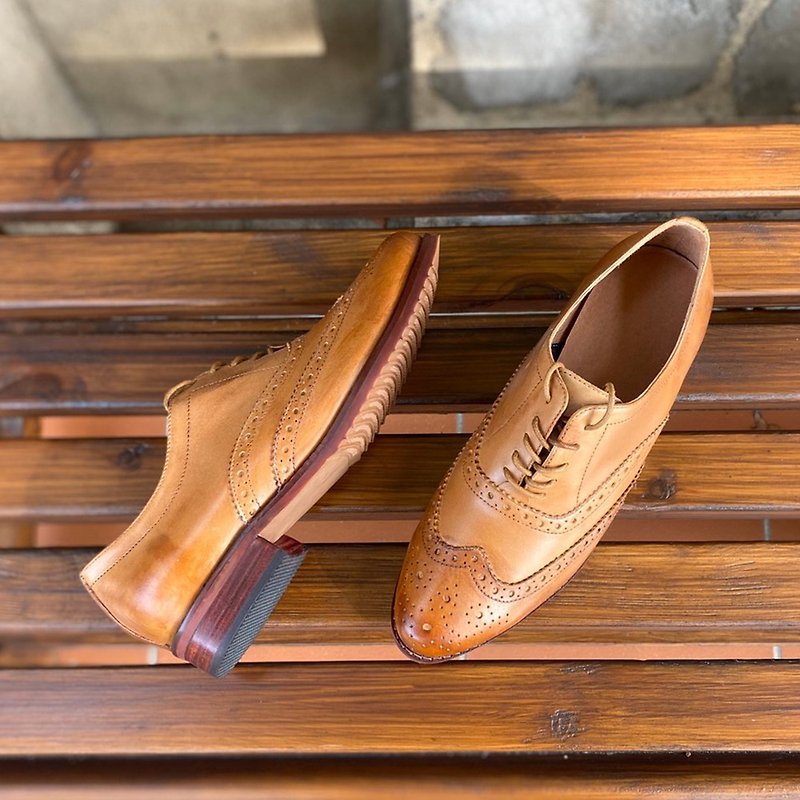 Extension classic oxford shoes benzene dyed polished leather shoes brown - รองเท้าอ็อกฟอร์ดผู้หญิง - หนังแท้ 