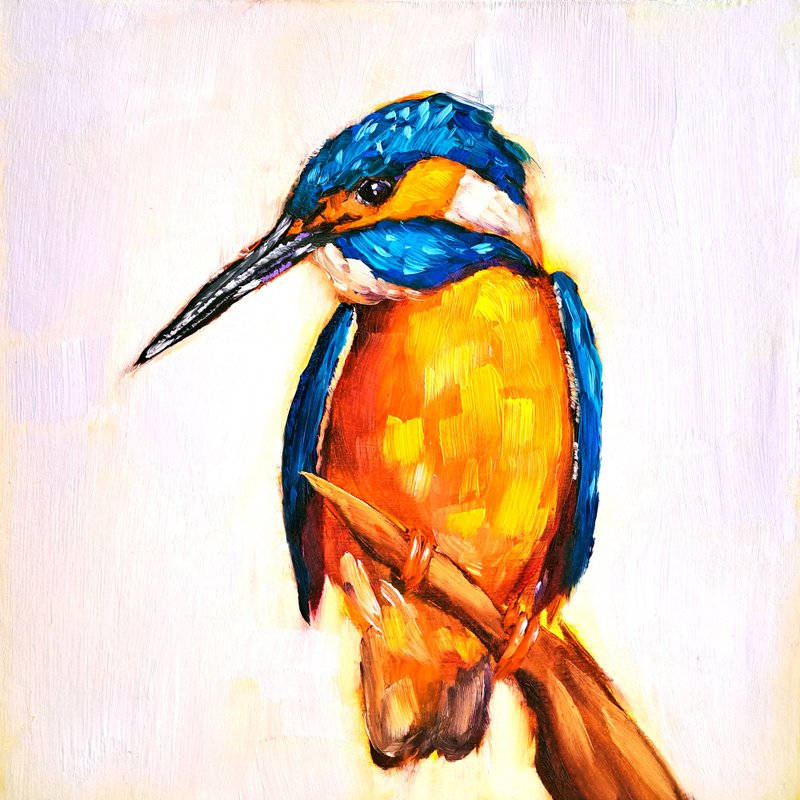 Kingfisher Painting Bird Original Art American Bird Oil Painting Animal Artwork - 海報/掛畫/掛布 - 其他材質 多色