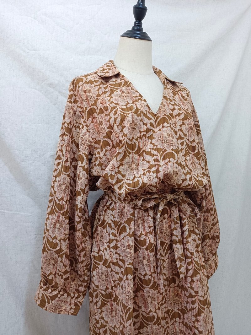 Designer collection yellow earthy classic lace brushed print long-sleeved dress - One Piece Dresses - Polyester Orange