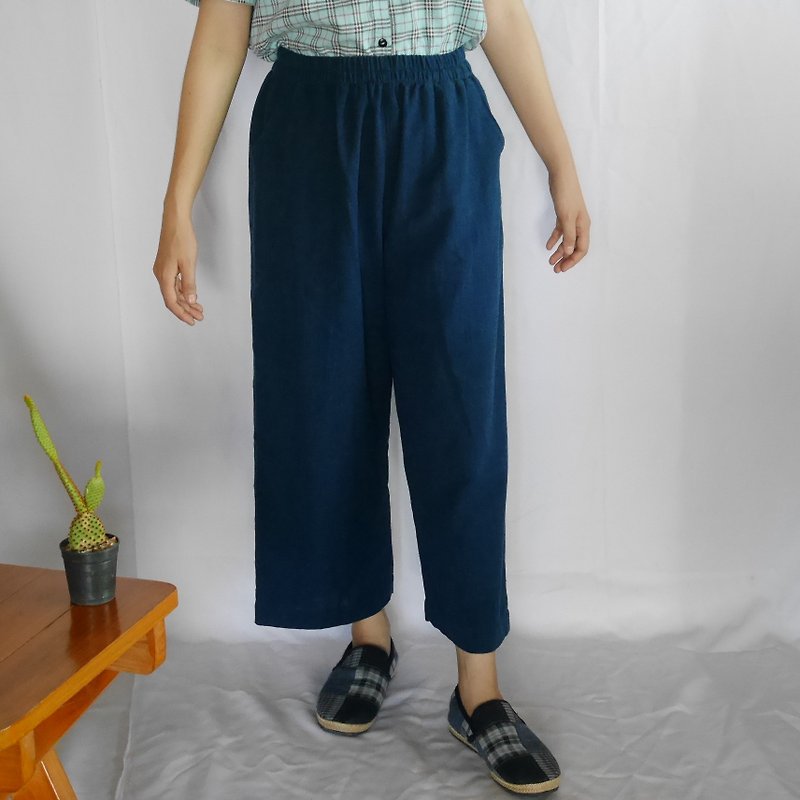 hand-woven cotton fabric long pants (dark indigo) - 長褲/短褲 - 棉．麻 