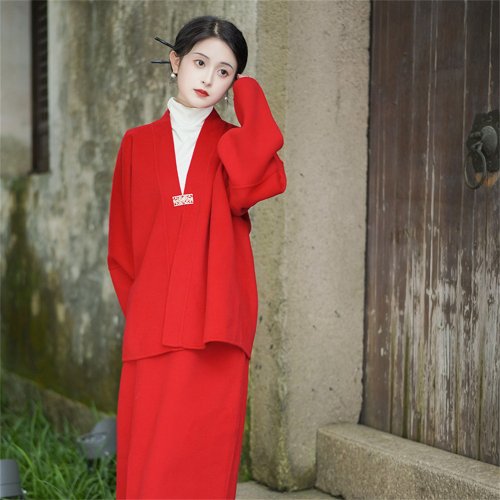 煙州記 國風復古 煙火年年 毛呢外套裙子套裝 新中式紅色新年戰袍 半身裙敬酒服