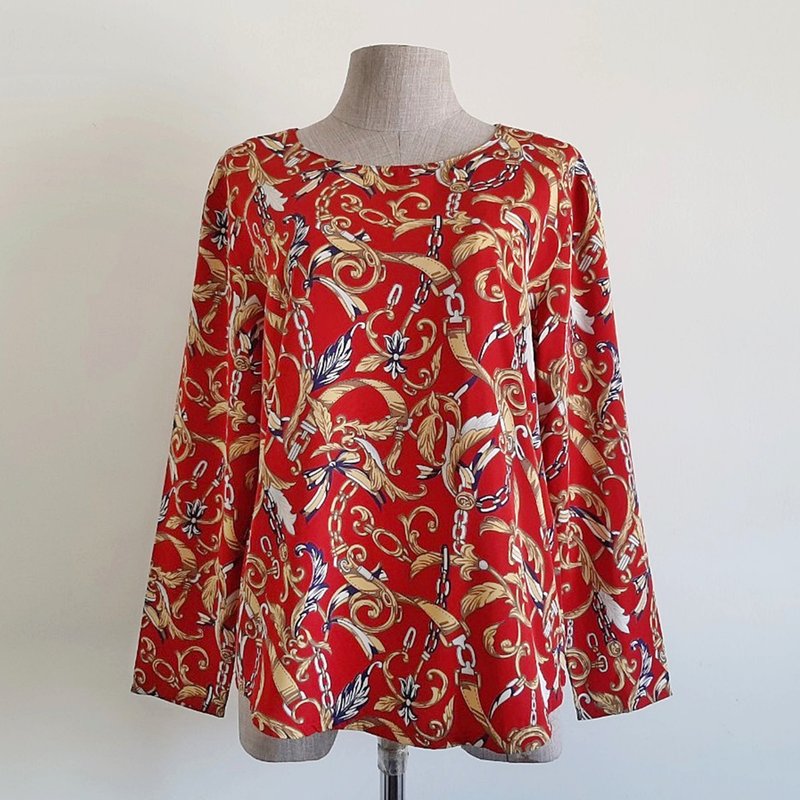 Medium Vintage Yellow Red Baroque Print Blouse Womens Long Sleeve Top M - 女上衣/長袖上衣 - 聚酯纖維 紅色