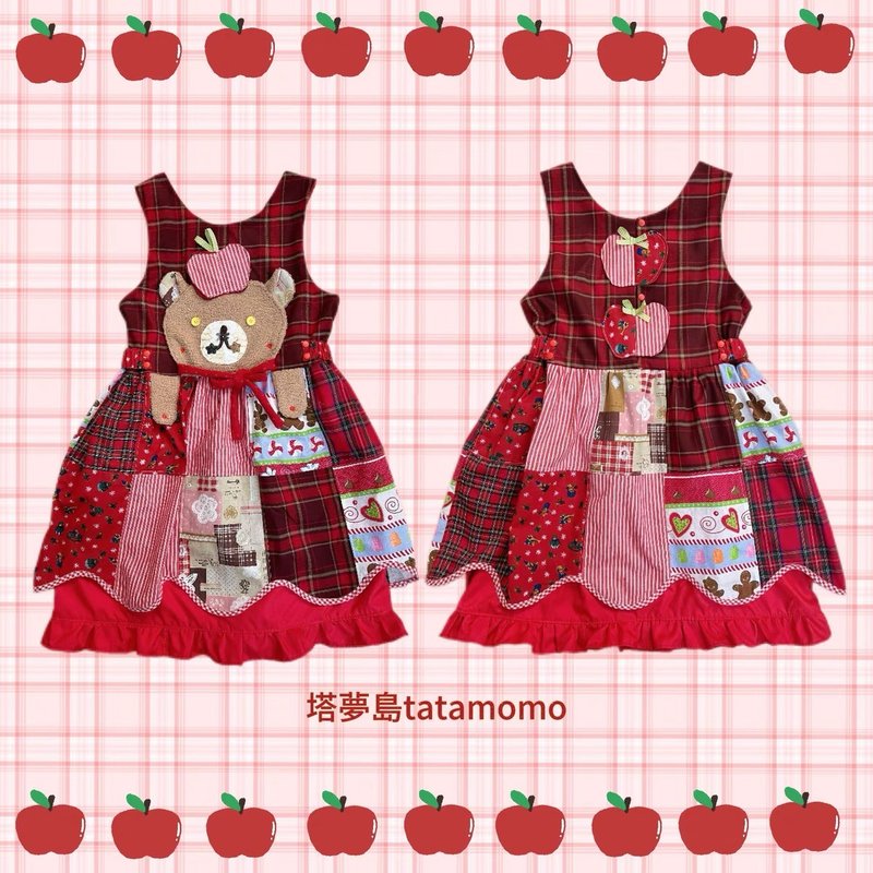 Fruit Collage Party Patchwork Before and After Wearing Red Plaid Bear Tank Top - One Piece Dresses - Cotton & Hemp Red