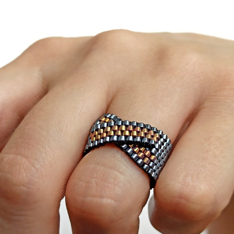 Bead ring for women Flexible ring Hematite ring Cross ring Intertwined ring - 戒指 - 其他材質 藍色