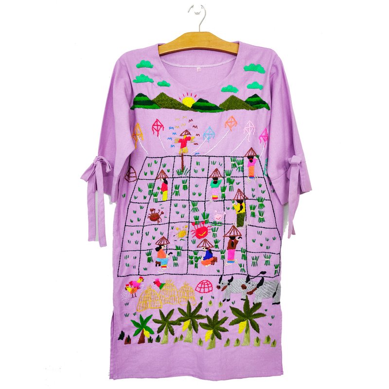 定制訂單| No.STA0229 直筒連衣裙，四分之三袖，厚棉布，手工繡線，鄉村圖案。 - 洋裝/連身裙 - 繡線 紫色