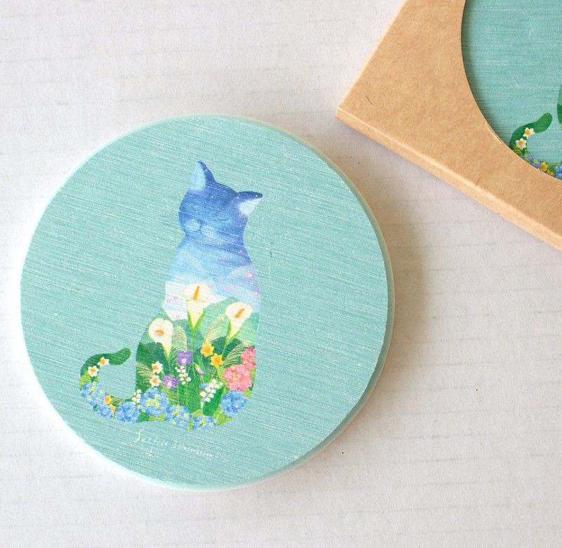Selfish Illustration Original Illustration Yangmingshan Cat Diatomaceous Earth Absorbent Coaster - Coasters - Pottery Blue