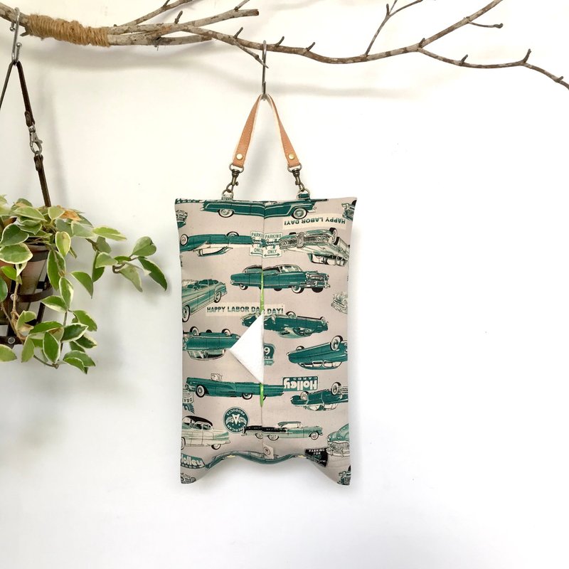 Retro car facial paper cover/car facial paper cover - กล่องทิชชู่ - ผ้าฝ้าย/ผ้าลินิน สีเขียว
