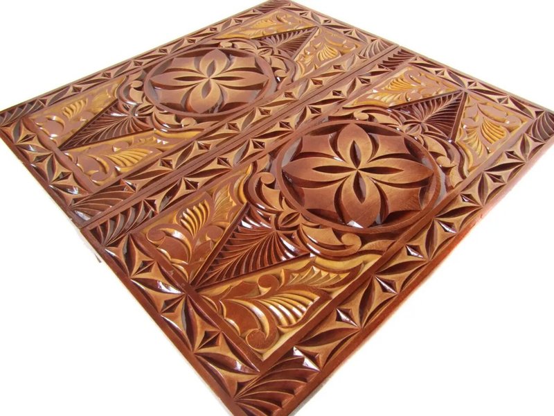 Backgammon Souvenir#15 Handmade Wood Carving Wooden Carved Beautiful Patterns Fa - Board Games & Toys - Wood Brown