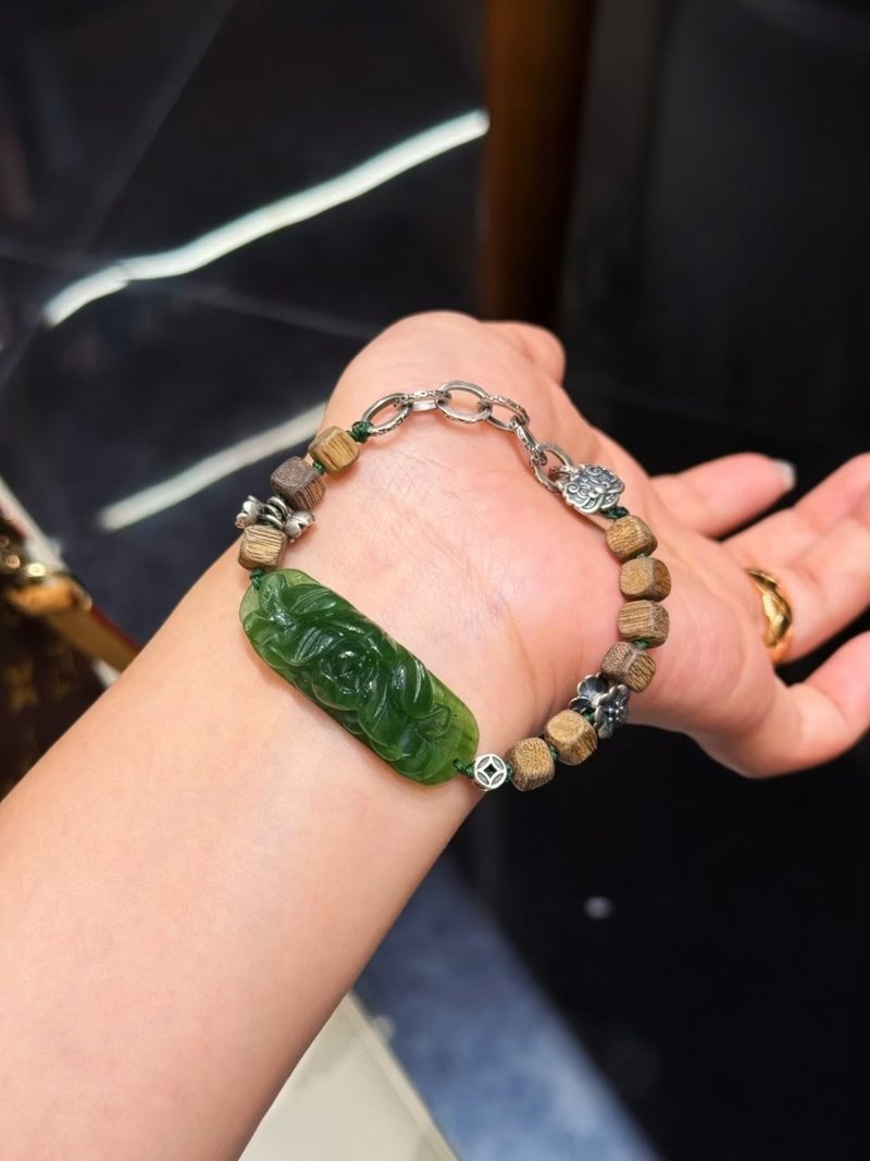 天然和田玉老坑碧玉牡丹花手鏈三七銀新中式國色天香招財納福手鏈 - 手鍊/手環 - 玉石 