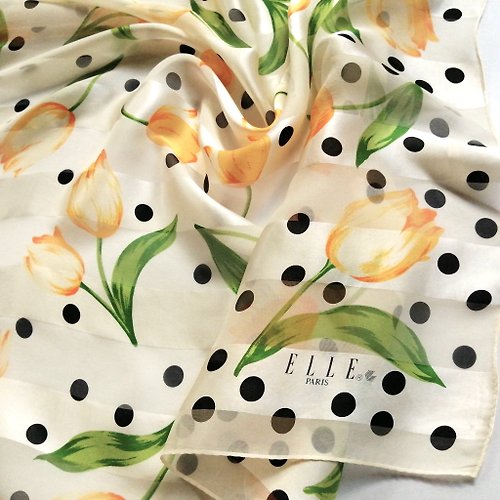 orangesodapanda Vintage ELLE PARIS Silk Chiffon Scarf, 34 x 35 Inches,100% Silk, Holiday Gift