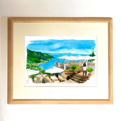 街灯の水彩画額装済み 透明水彩画 原画「ネモフィラの丘03」額縁付 ハガキサイズ 風景
