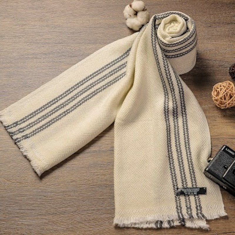 [Narrow Version] Cashmere Wool Scarf Beige Black Stripe Neck Hand Knitting Available for Men and Women - ผ้าพันคอถัก - ขนแกะ สีกากี