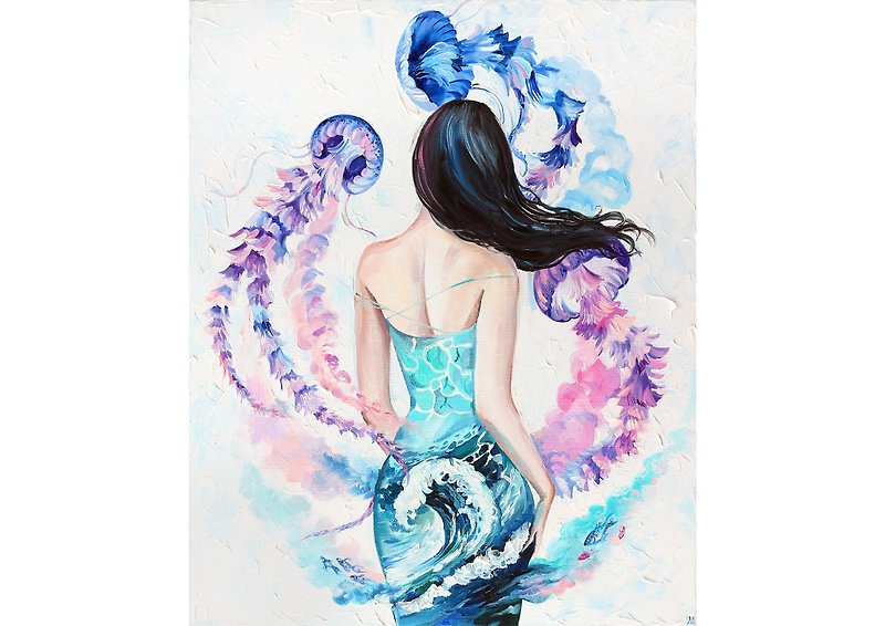 ภาพวาดสีน้ำมันผู้หญิงทะเลต้นฉบับศิลปะแมงกะพรุนงานศิลปะบนผืนผ้าใบ - ตกแต่งผนัง - วัสดุอื่นๆ ขาว