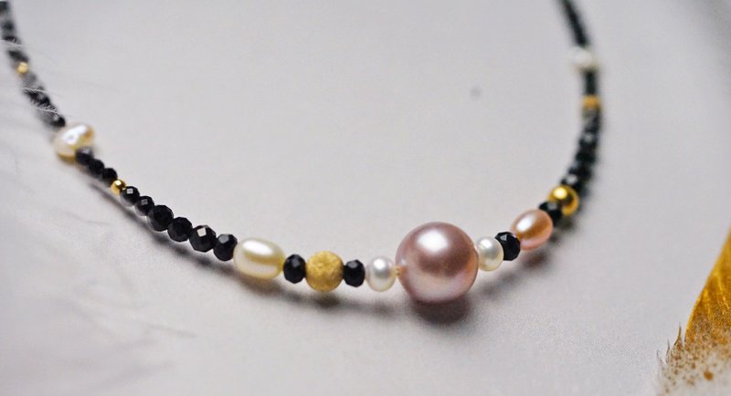 Pure hand-made imported 14K gold bag black tip pearl necklace - Necklaces - Gemstone Multicolor