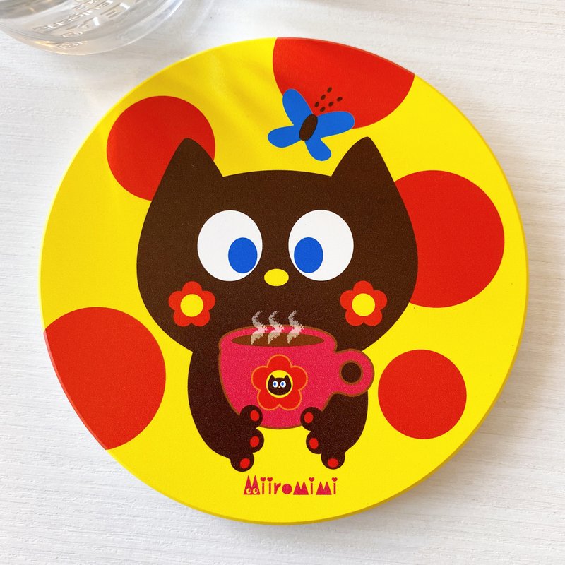 Ceramic Coaster-Cat Coffee - ที่รองแก้ว - เครื่องลายคราม สีเหลือง