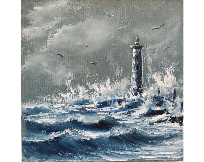 Lighthouse Painting Original Art Oil Painting on Canvas - 海報/掛畫/掛布 - 棉．麻 灰色