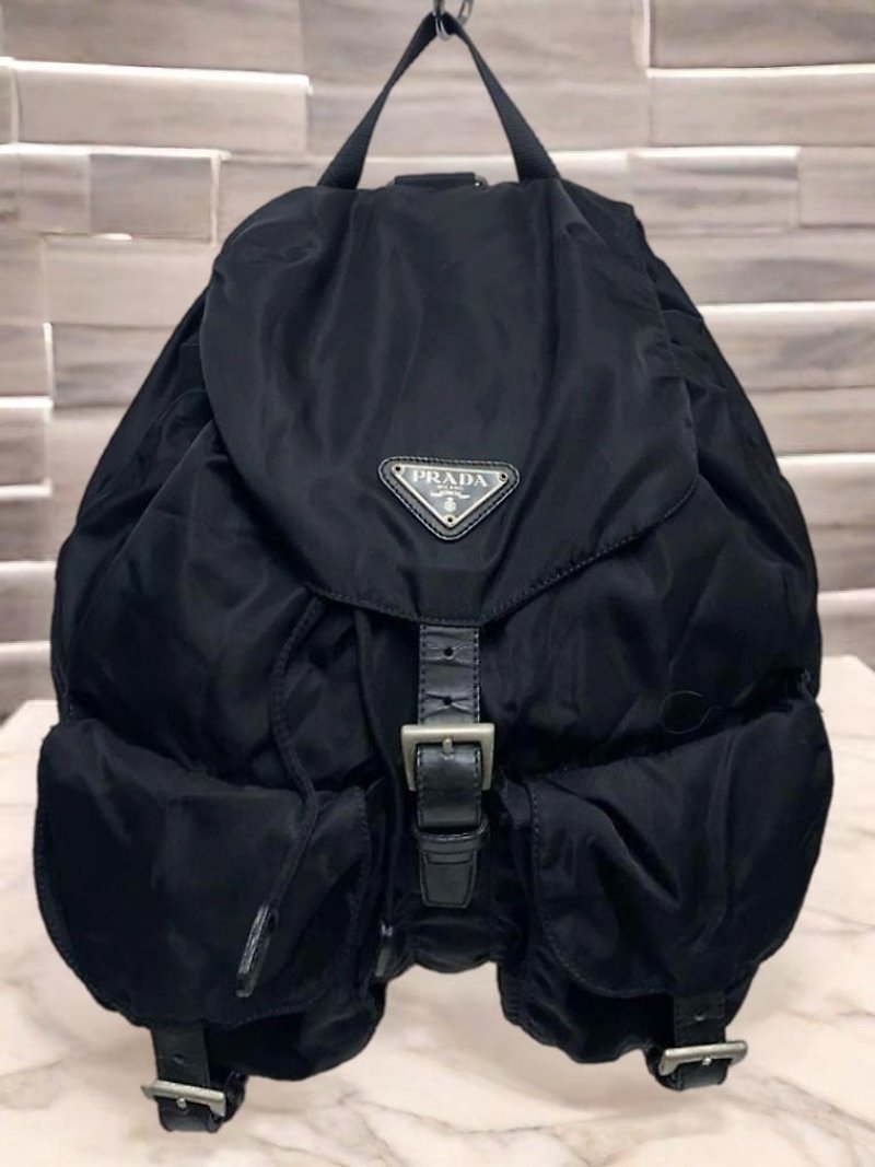 [LA LUNE] Second-hand Prada black triangle side back single backpack small handbag - Backpacks - Waterproof Material Black