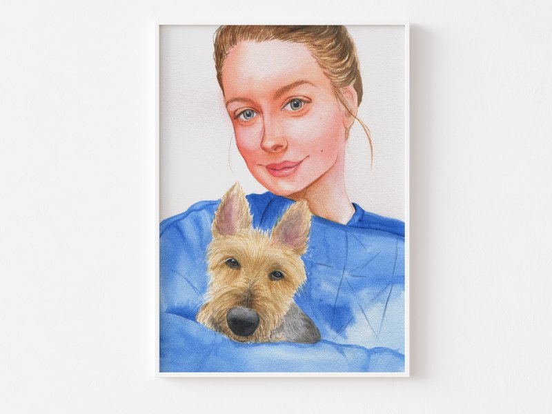 Customized watercolor portrait of pet and owner, custom illustration生日礼物 - Customized Portraits - Paper Blue