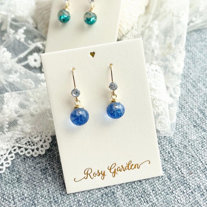 Rosy Garden tiny zircon ear hook with water inside glass ball earrings - Earrings & Clip-ons - Glass Blue