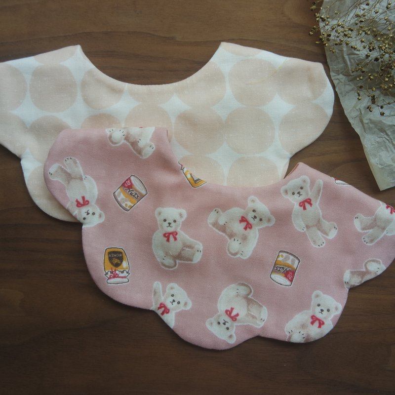 Six-fold yarn bib set/Miyue gift/Teddy bear_pink (two sets) - ผ้ากันเปื้อน - ผ้าฝ้าย/ผ้าลินิน สีดำ