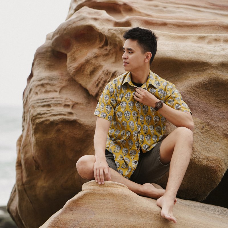 印度蓋染工藝純棉 男生襯衫 － 蒲公英黃 - 男襯衫/休閒襯衫 - 棉．麻 多色