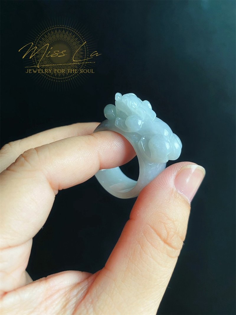 天然緬甸玉 翡翠 招財霸王 貔貅 有錢 翡翠 戒指 玉 戒環 ring - 戒指 - 玉石 綠色