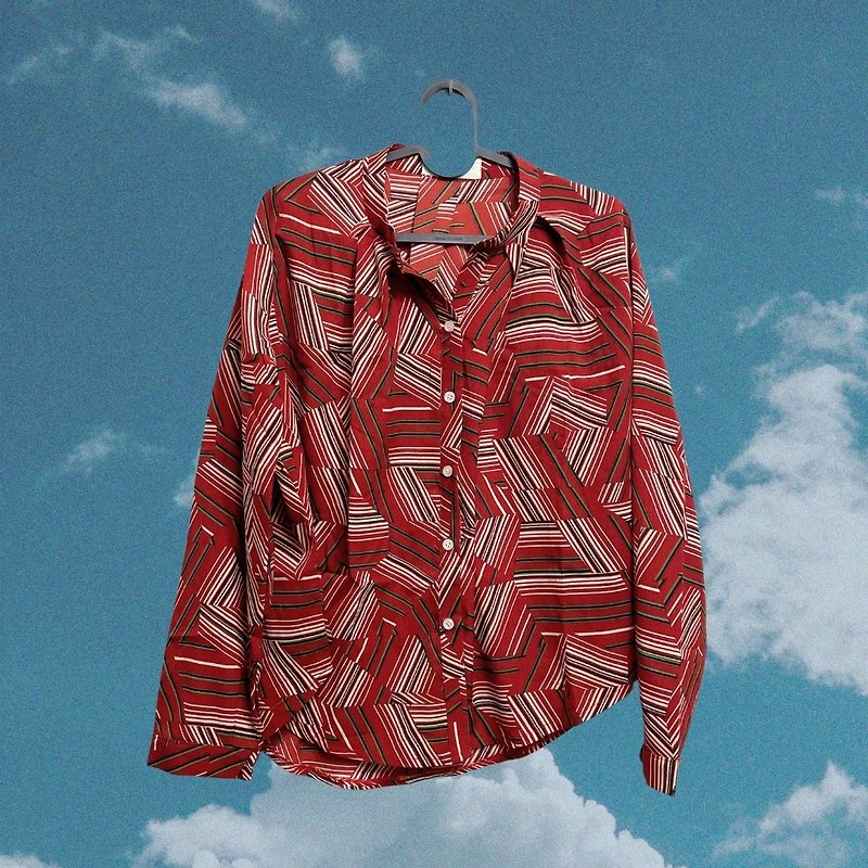 【Morefun古著選物】幾何線條長袖襯衫 - 女上衣/長袖上衣 - 其他材質 紅色