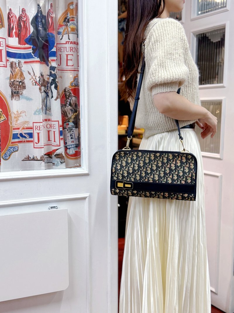 中古正品 Christian Dior 迪奧老花 緹花 兩用包 斜背包 腋下包 - 側背包/斜孭袋 - 真皮 藍色
