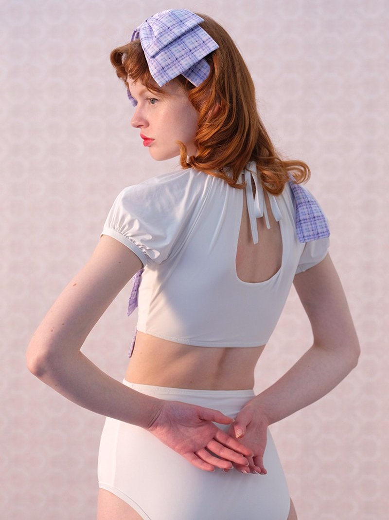 格子蝴蝶結 小泡泡袖 腰部鏤空 少女連體泳衣 - 女泳衣/比基尼 - 其他材質 白色