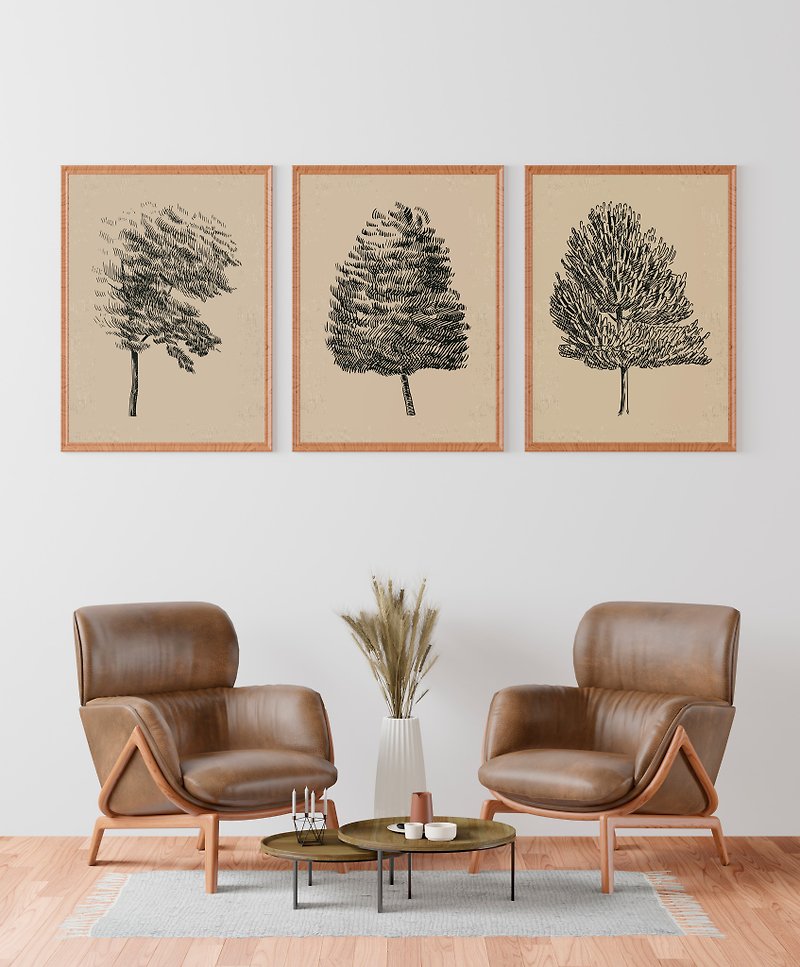 Tree Wall Print Set of 3, Botanical drawing, Tree Sketch, Antique Book Page Art - Digital Portraits, Paintings & Illustrations - Other Materials Black