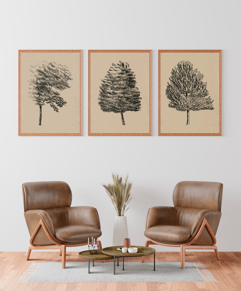 Tree Wall Print Set of 3, Botanical drawing, Tree Sketch, Antique Book Page Art - 電子似顏繪/繪畫/插畫 - 其他材質 黑色