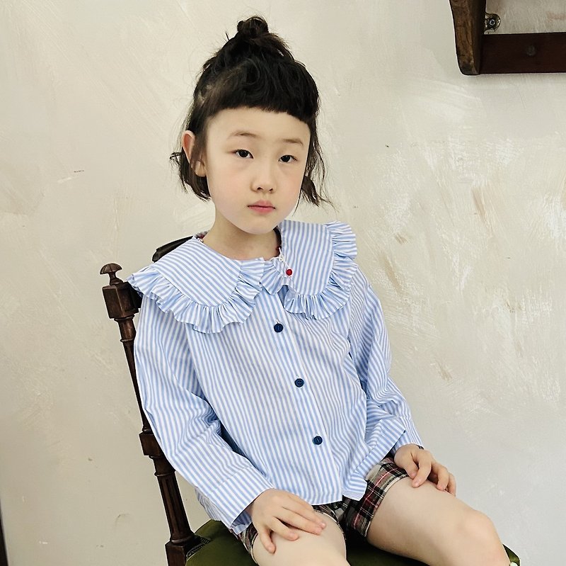 Blue and white striped doll collar long-sleeved shirt/large collar children's clothing - เสื้อยืด - ผ้าฝ้าย/ผ้าลินิน สีน้ำเงิน