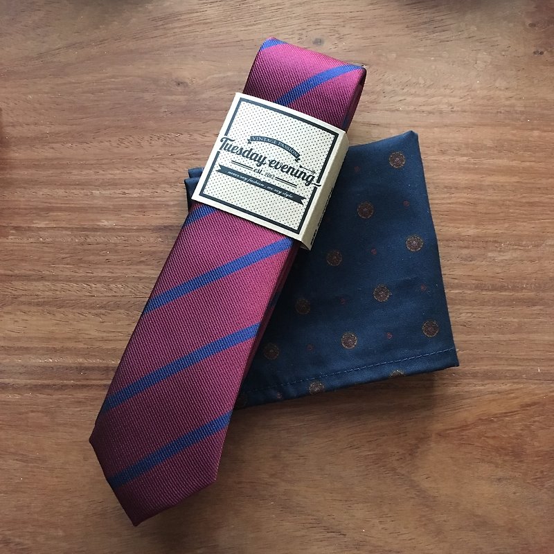 Red Blue Skinny Stripe Tie Set w/ Pocket Square - Ties & Tie Clips - Cotton & Hemp Red
