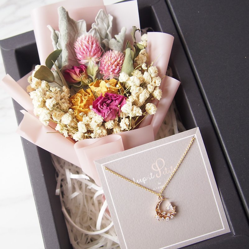 [Sweet Bouquet Gift Box Set] Mini Dry Bouquet (Pink) + Star Moon Moon Necklace Mother's Day - สร้อยคอ - โลหะ สึชมพู