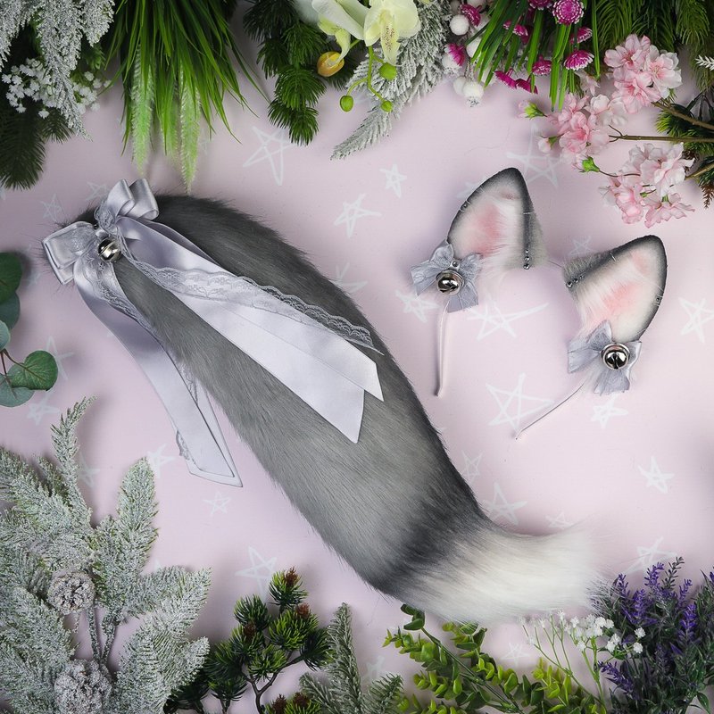 Grey Fox Ears and Tail Set - 髮圈/髮夾 - 其他材質 灰色