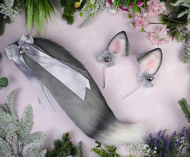 灰色の狐の耳と尻尾のセット - ショップ NekoToMori ヘアアクセサリー