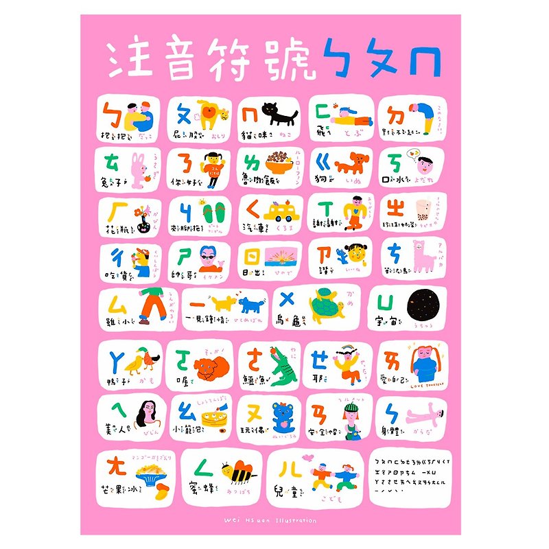 Taiwan Mandarin Bopomofo alphabet illustration poster - โปสเตอร์ - กระดาษ สึชมพู