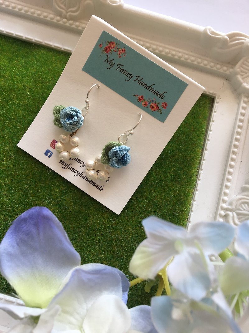 *My Fancy Handmade*crochet blue rose earring - Earrings & Clip-ons - Thread Blue