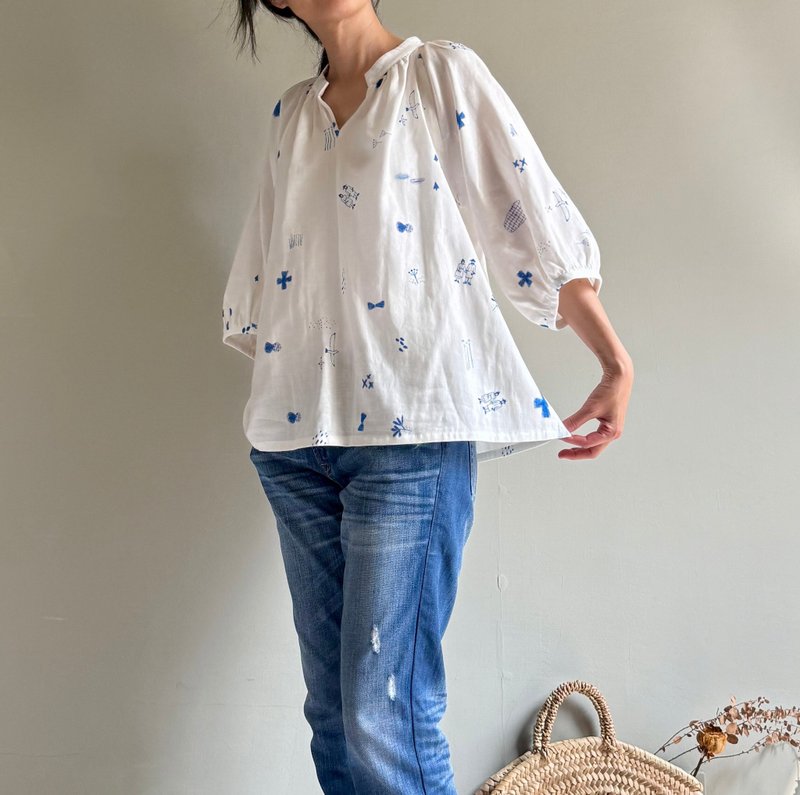 森林小隱/illustration設計師印花系列/小立領澎澎袖/七分袖上衣 - 女上衣/長袖上衣 - 棉．麻 