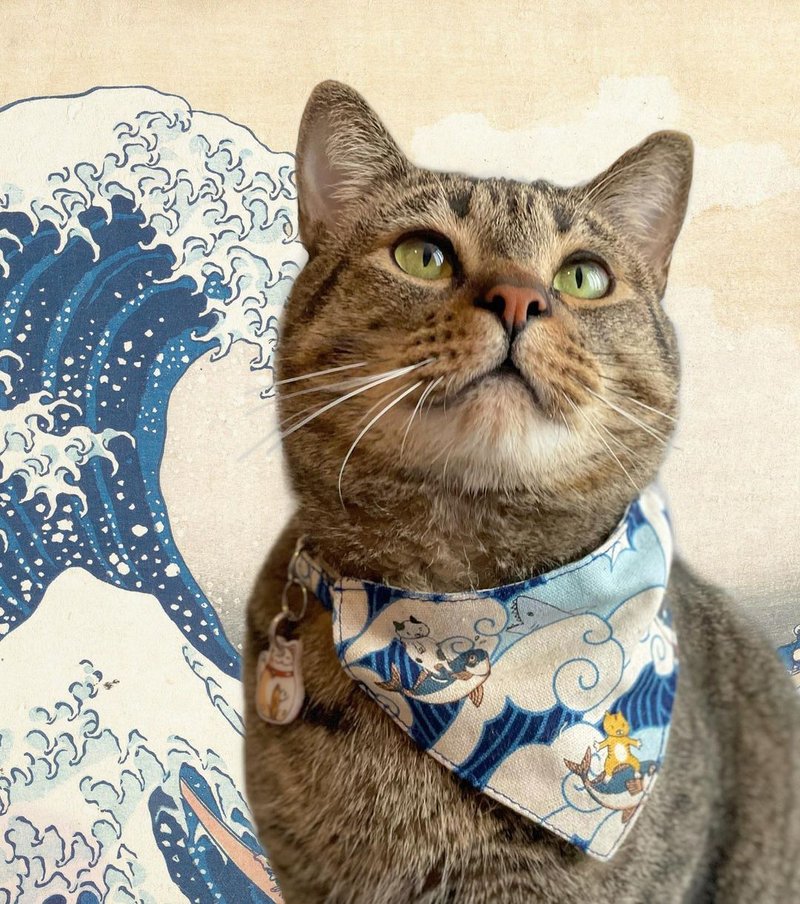 Surfing cat  Bandana Cat Collar with Breakaway Safety Buckle - 項圈/牽繩 - 棉．麻 藍色